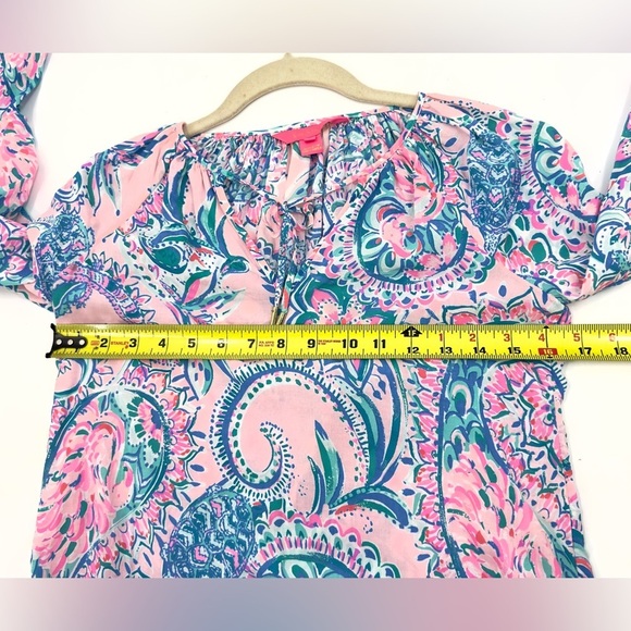 Lilly Pulitzer Womens Willa Flounce Sleeve Top Size XXS Pink Blue Tropical Print - Picture 9 of 11